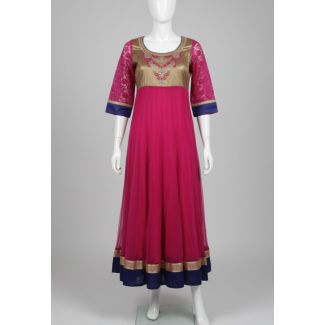 Magenta Gold Embroidered Anarkali Kurti 3/4 Lace S - Optimized
