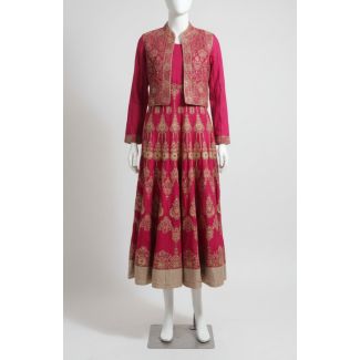 Fuchsia Embroidered Anarkali Dress Gold Jacket Set - Optimized