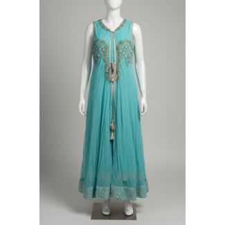 Turquoise Blue Sleeveless Embroidered Anarkali Gow - Optimized