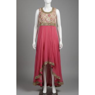 Pink Sleeveless Embroidered High-Low Hem Kurti - Optimized