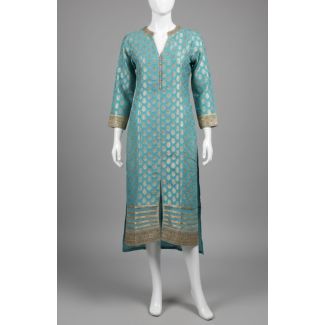 Teal Blue Brocade Kurti 3/4 Sleeve V-Neck Straight - Optimized