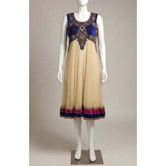 Royal Blue Beige Velvet Embroidered Sleeveless Kur - Optimized