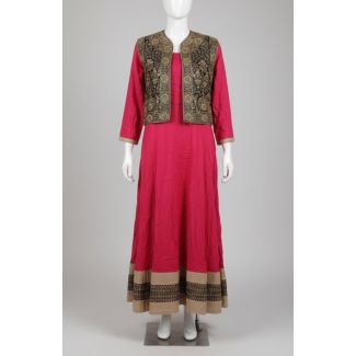 Magenta A-Line Kurti Gold Embroidered Jacket Set - Optimized