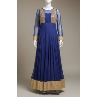 Royal Blue Gold Embellished Long Sleeve Anarkali G - Optimized