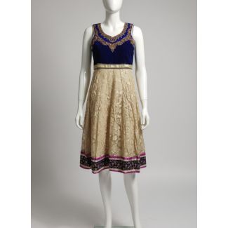 Royal Blue Velvet A-Line Sleeveless Kurti Gold Emb - Optimized