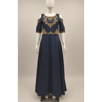Navy Blue Embroidered Cold Shoulder A-Line Kurti - Optimized