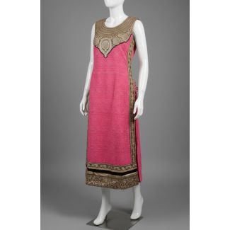 Fuchsia Pink Gold Embroidered Sleeveless Straight  - Optimized