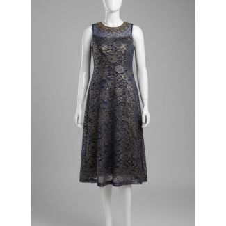 Navy Gold Floral Lace Sleeveless A-line Midi Dress - Optimized