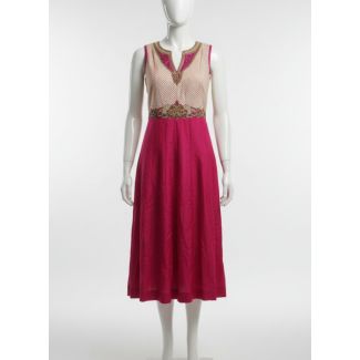 Beige Dotted Fuchsia Pink Sleeveless Embroidered K - Optimized