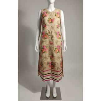 Beige Large Floral Cotton Sleeveless Straight Kurt - Optimized