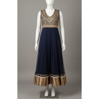 Navy Blue Gold Embroidered Sleeveless V-Neck Anark - Optimized