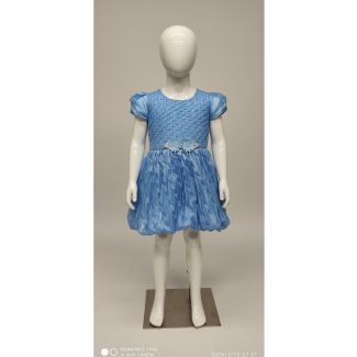 Baby blue pleated party dress with puff sleeves and floral waist detail