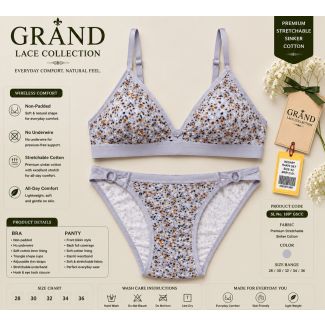 Grand floral print lilac cotton bra and bikini panty set for women India