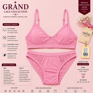 Womens B-Pink cotton bra and panty set with lace detail for women in India