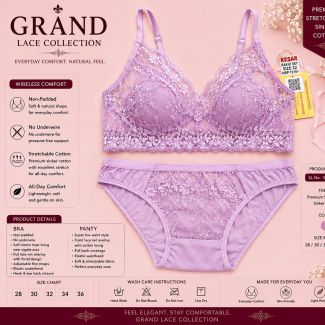 Women's lavender floral lace wireless bra panty set for comfort in India