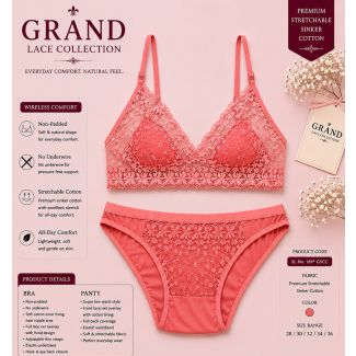 Women's Tomato Red cotton lace bra and panty set comfortable fit in India