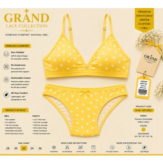 Women's yellow heart print cotton bra and panty set comfortable innerwear India