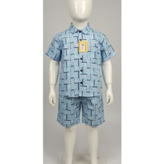 Baby blue cotton shirt and shorts set with geometric pattern - Gangavathi Exports