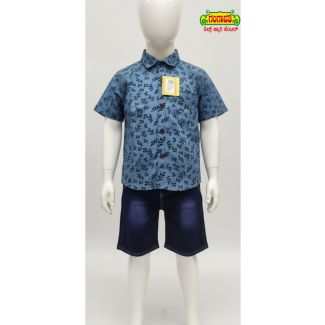 Blue leaf print cotton shirt and dark denim shorts set for boys - Gangavathi Exports