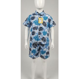 Boys light blue tropical leaf print cotton short sleeve shirt and matching shorts set