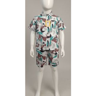 Boys white base shirt and shorts set with teal and brown abstract leaf print on mannequin