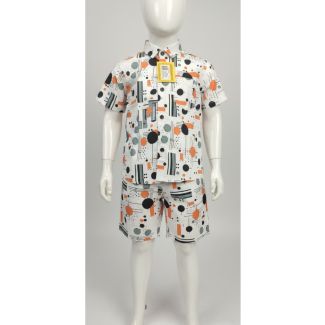 White cotton two-piece set for boys featuring an abstract orange and black print, short sleeves and collar.