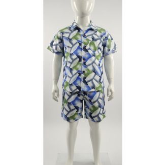 Boys white mannequin wearing a matching blue, green, and white abstract print short sleeve shirt and shorts set.