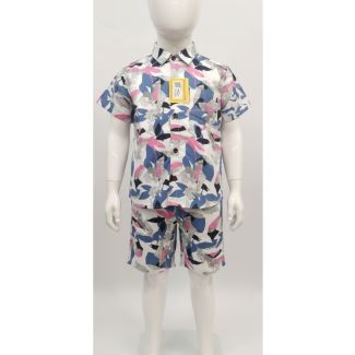 White, blue, and pink abstract print short sleeve shirt and shorts set on a child mannequin
