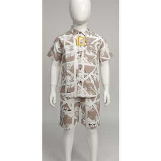 Boys two-piece set featuring a tan and white abstract print short sleeve collared shirt and matching shorts on a mannequin.