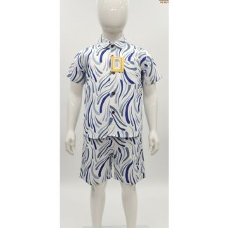 Boys white and blue abstract print short sleeve shirt and shorts summer set