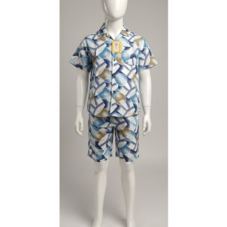 Boys' Blue and White Geometric Print Cotton Short Sleeve Set - Gangavathi Exports