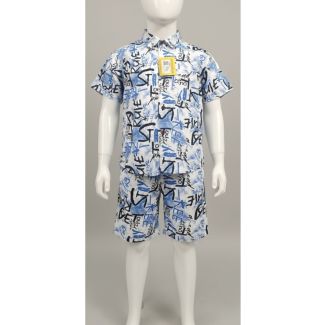 Boys' blue and white graphic print cotton shirt and shorts set - comfortable and stylish