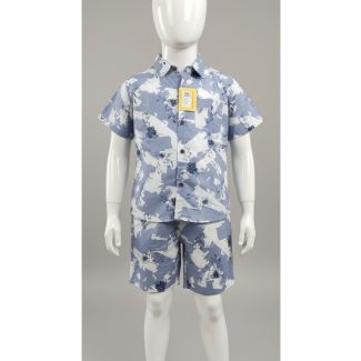 Boy's light blue and white abstract floral print short sleeve shirt and shorts set on a mannequin.