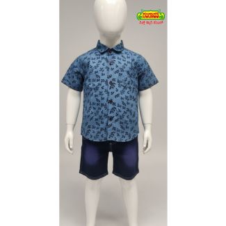 Boys' blue leaf print cotton shirt and shorts set - Gangavathi Exports
