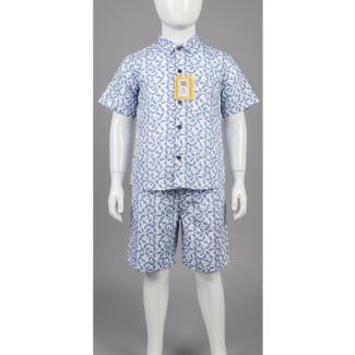 Boys light blue geometric print cotton short sleeve shirt and shorts set on mannequin