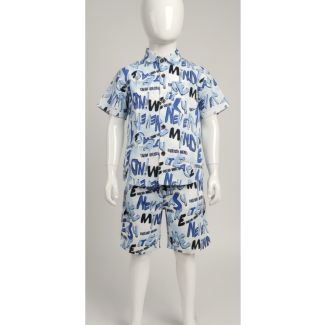 Boys white and blue short sleeve shirt and shorts set with graffiti text print