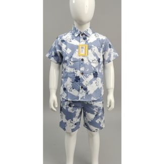 Boys' Light Blue Abstract Print Cotton Shirt and Shorts Set