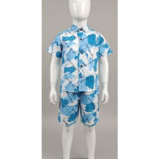 Boys' light blue and white printed cotton shirt and shorts set