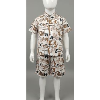 Boys off-white and brown script print short sleeve shirt and shorts set on mannequin
