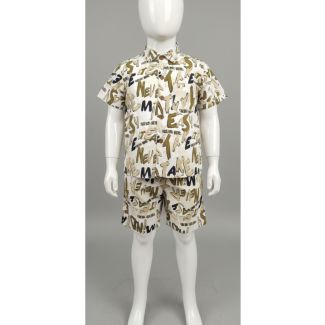 White/Cream boys' short sleeve button-down shirt and shorts set with green and black abstract letter print on a mannequin.
