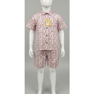 Full view of a boys' matching short sleeve shirt and shorts set with a maroon print on a mannequin