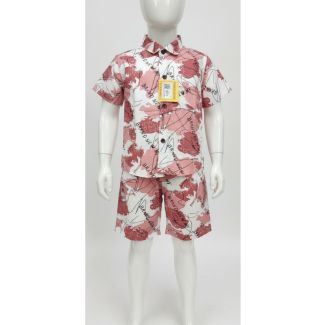 Boy's rose and white print cotton shirt and shorts set - Gangavathi Exports