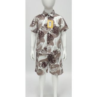 Boys' two-piece set featuring a brown and beige tropical leaf print shirt and matching shorts on a mannequin.