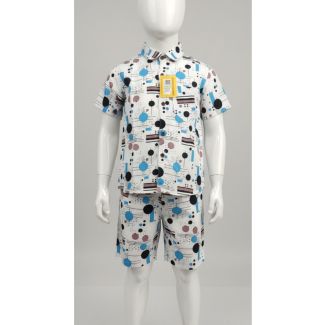 White abstract geometric print co-ord set for boys with half sleeve shirt and matching shorts - Gangavathi Exports