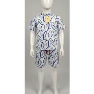 Young boys white and blue abstract print short sleeve shirt and matching shorts set on mannequin
