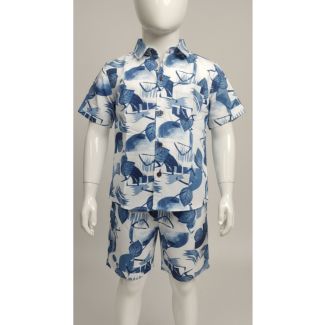 Boys short sleeve collared shirt and matching shorts set with white and indigo abstract print