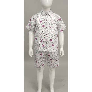 Boys white cotton two-piece set featuring a short sleeve button-up shirt and matching shorts with purple floral print.