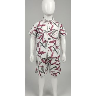 White short sleeve collared shirt and matching shorts set for boys featuring a maroon and grey tropical leaf print.