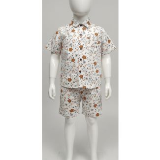 Boys white cotton shirt and shorts set with orange and blue novelty floral print - Budget-friendly