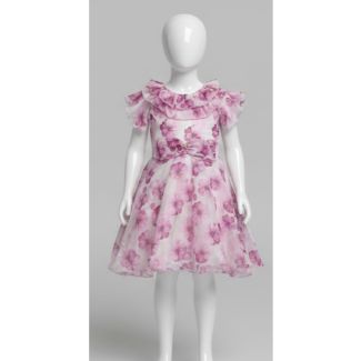 Pink floral print chiffon dress for girls with ruffle collar India